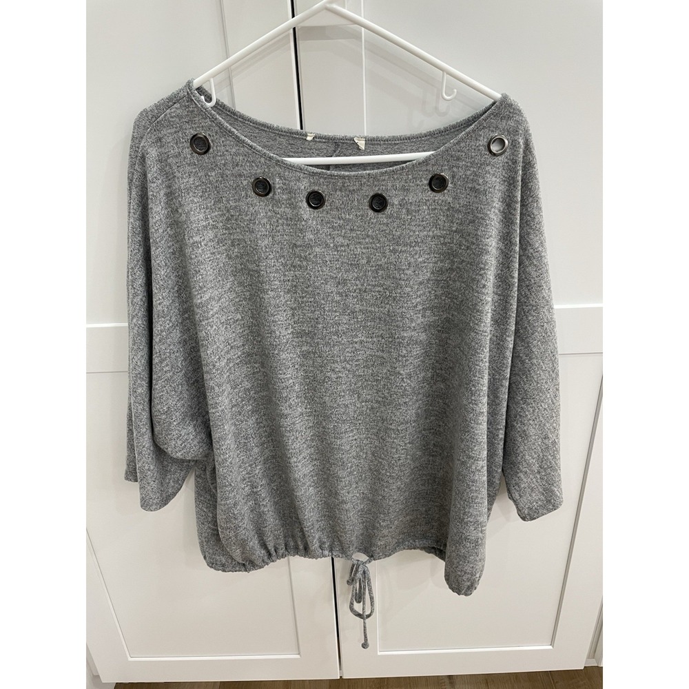 Parallel Skies Heather Grey Grommet Neck Dolman Sleeve Drawstring Top Sz XL EUC